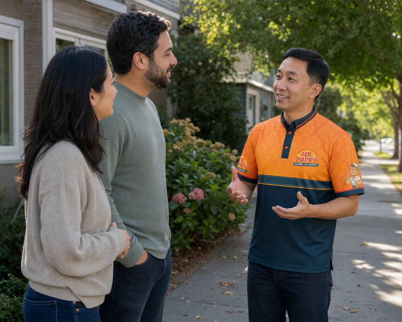 Representative scene: Mr. Poppy owner Tenzin Soepa discussing home service with two homeowners on a residential sidewalk.