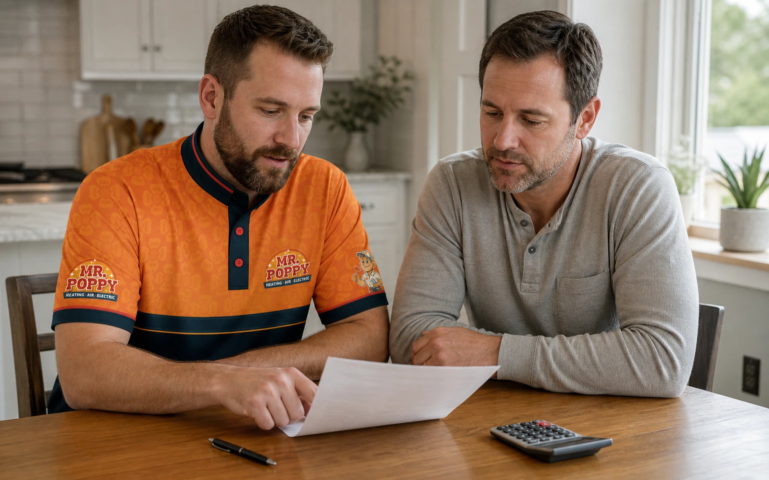 Representative scene: A Mr. Poppy service professional reviewing an estimate and payment options with a homeowner.