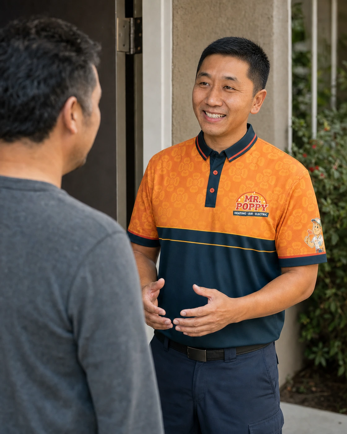 Representative scene: Mr. Poppy owner Tenzin Soepa speaking with a homeowner outside a home.