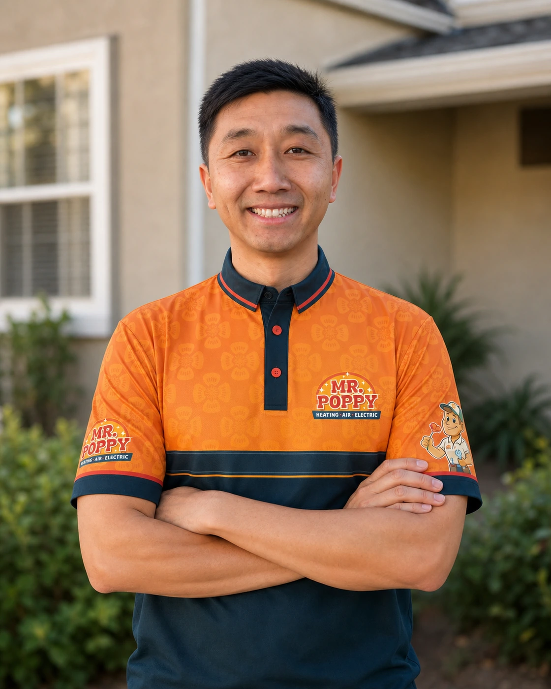 Representative AI-assisted portrait of Tenzin Soepa, owner of Mr. Poppy, wearing the approved company uniform.
