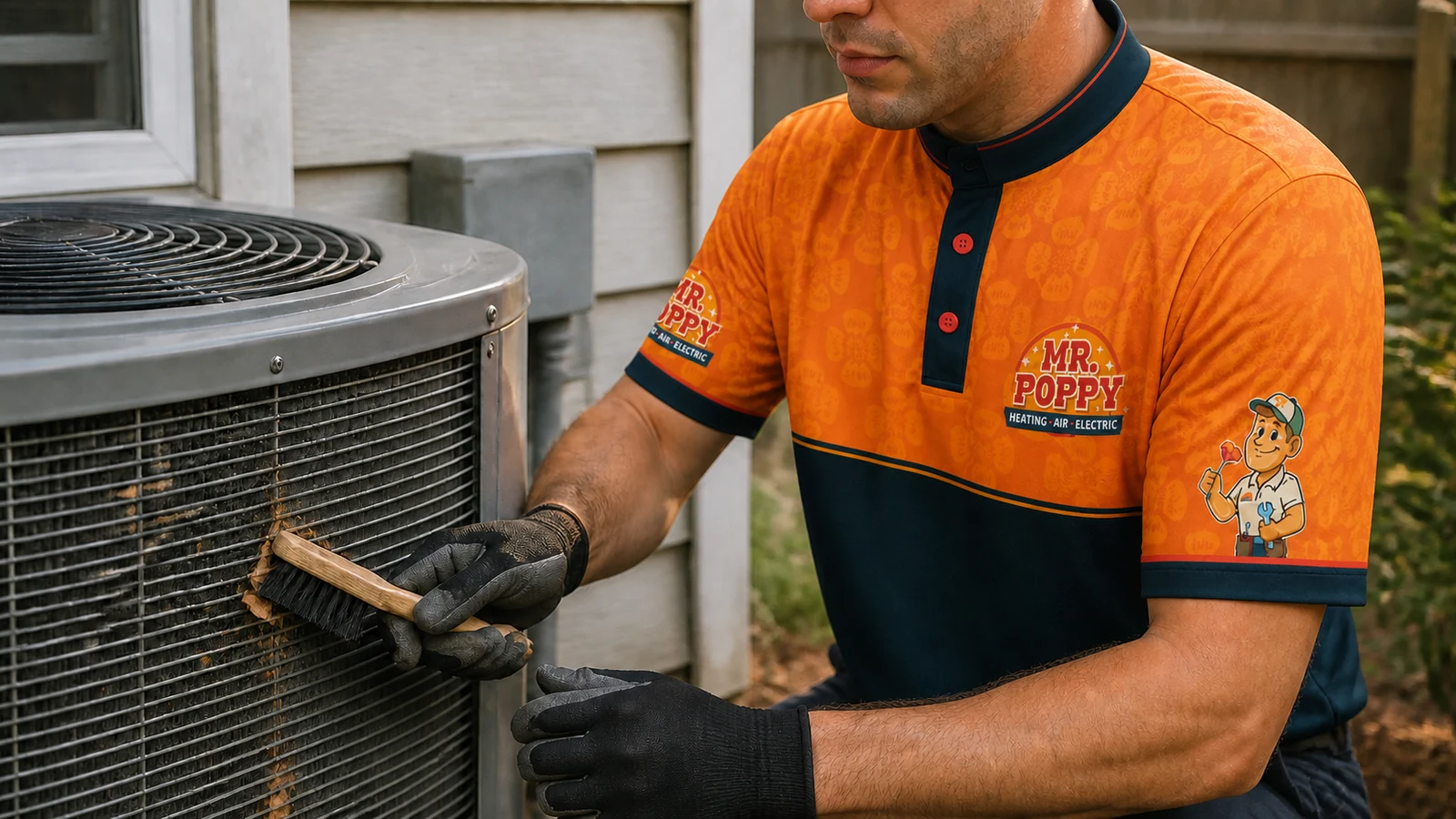Representative service scene: a technician clears debris from an outdoor air-conditioning coil.