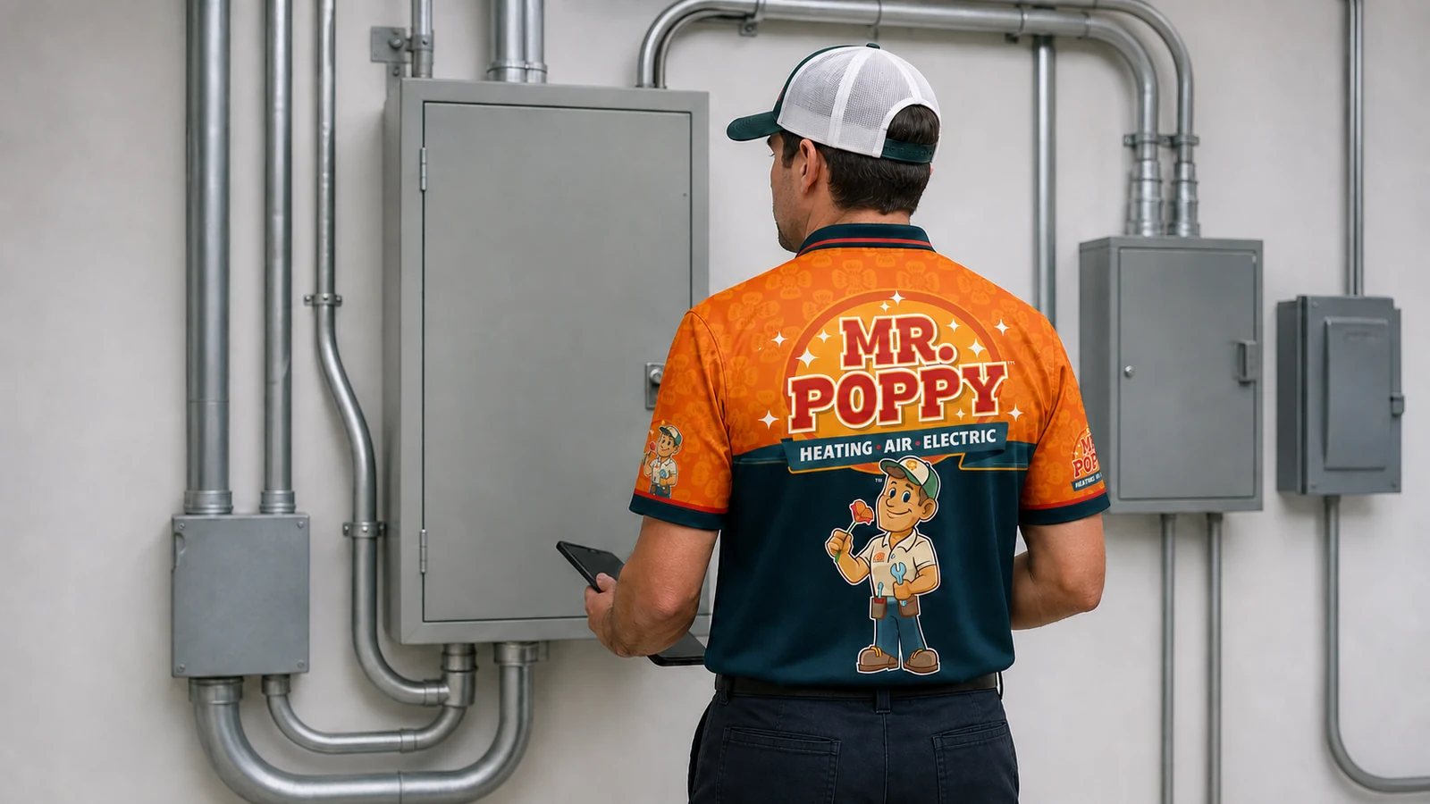 Representative service scene: a uniformed electrician inspects closed electrical distribution equipment in a commercial utility room.