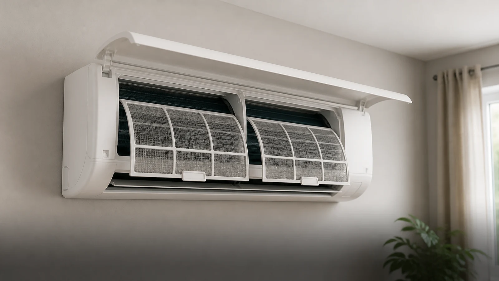 Representative service scene: washable filters are accessed inside a wall-mounted ductless HVAC unit.
