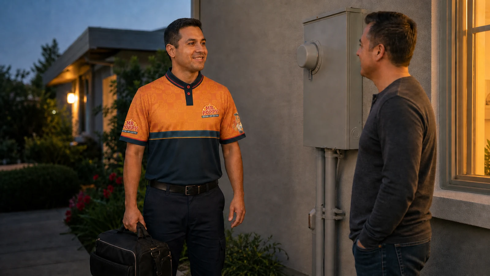 Representative service scene: a uniformed electrician discusses an urgent electrical concern outside a home.