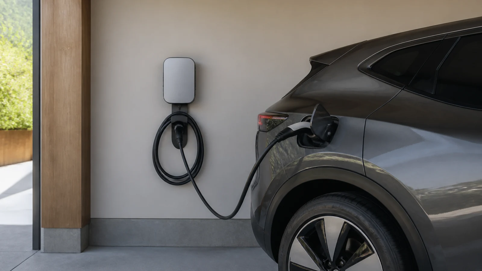 Representative service scene: a wall-mounted electric-vehicle charger connects to a parked vehicle.