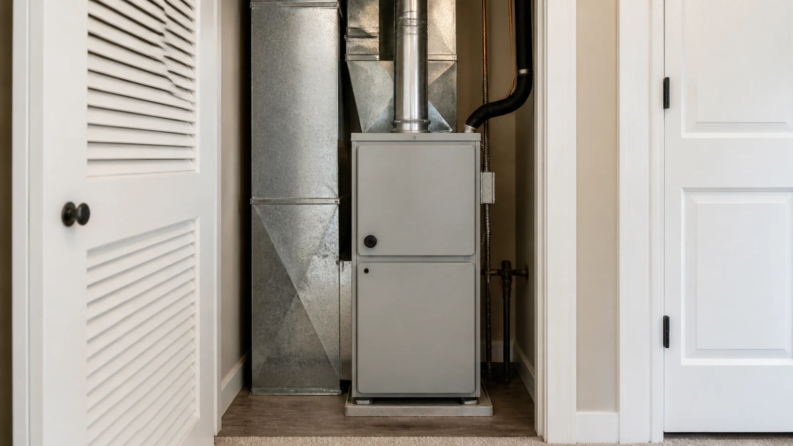 Representative service scene: an upright residential furnace installed in a tidy utility space.