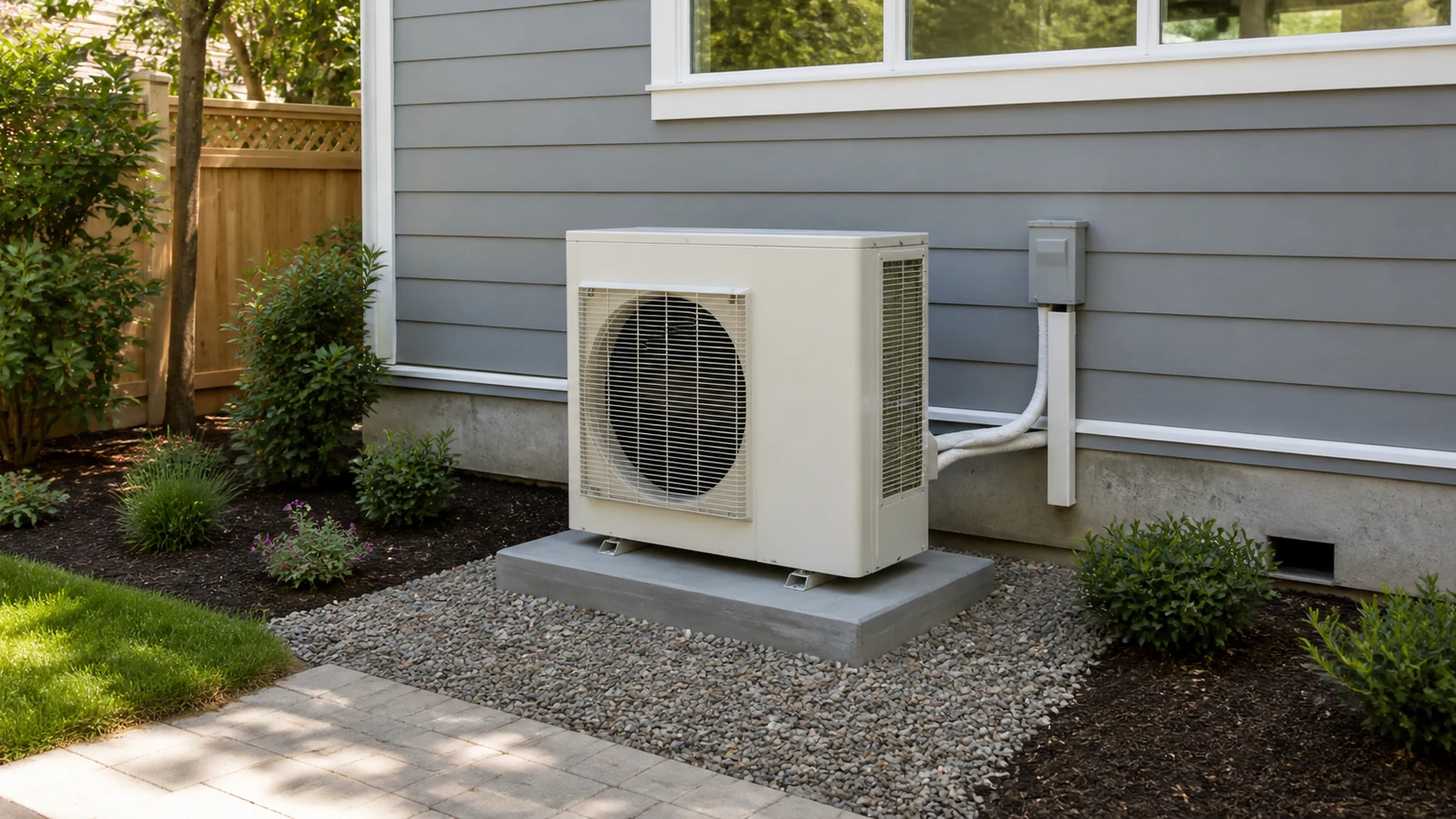 Representative service scene: a side-discharge heat pump installed on a stable pad beside a home.
