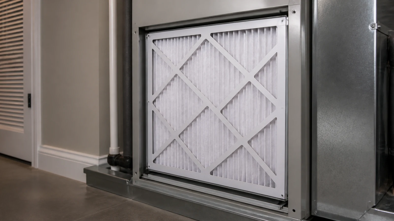Representative service scene: a pleated air filter fits into a residential HVAC return cabinet.