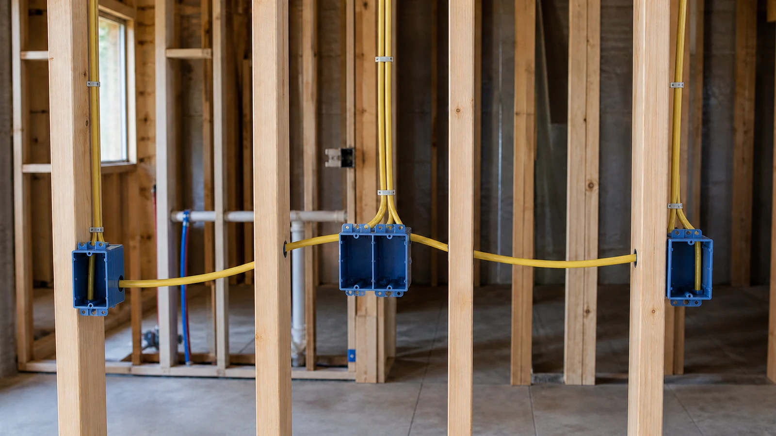 Representative service scene: new electrical cable routes through an open wall frame to mounted outlet boxes.
